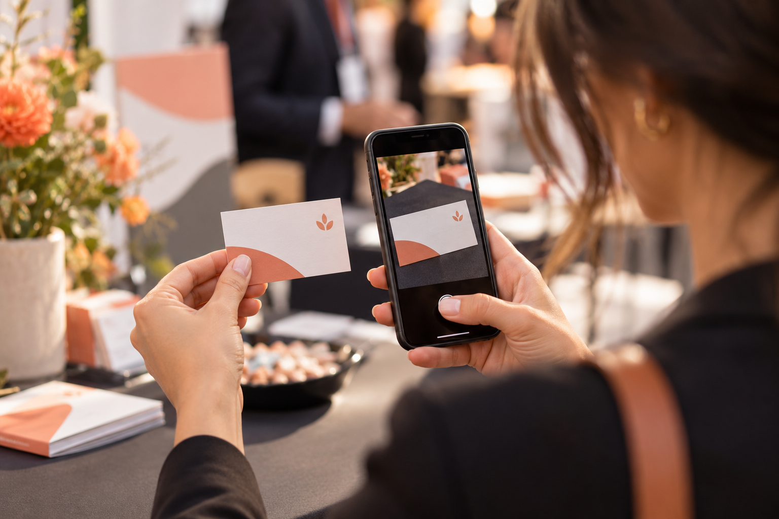 A professional photographing a business card to capture contact details