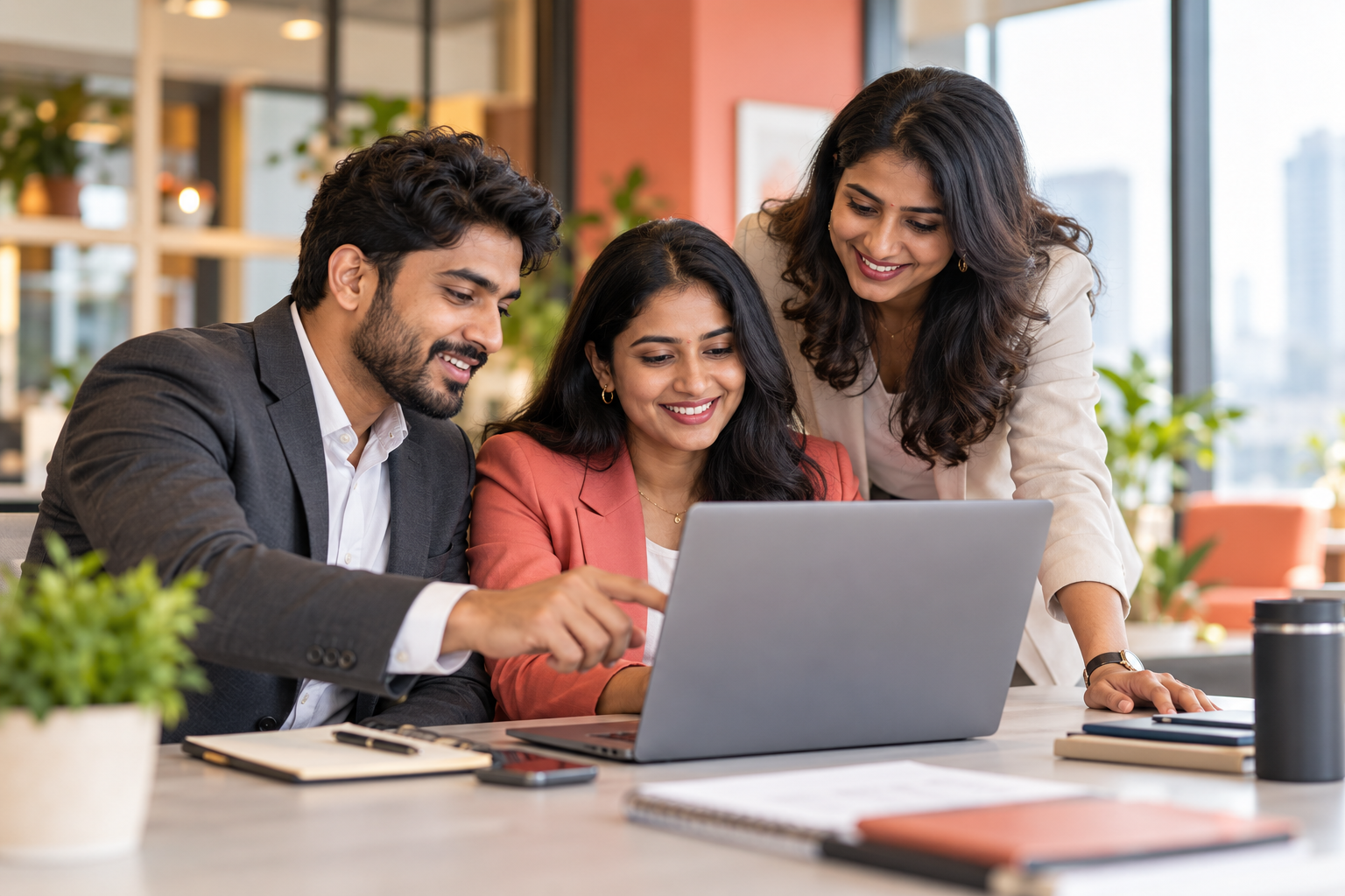 An exhibition sales team reviewing leads together